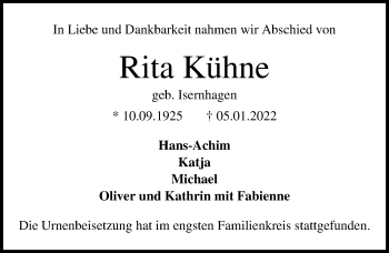 Traueranzeige von Rita Kühne von Lübecker Nachrichten