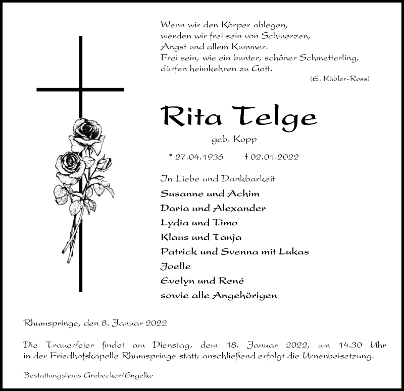  Traueranzeige für Rita Telge vom 08.01.2022 aus Eichsfelder Tageblatt