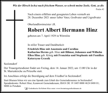 Traueranzeige von Robert Albert Hermann Hinz von Märkischen Allgemeine Zeitung