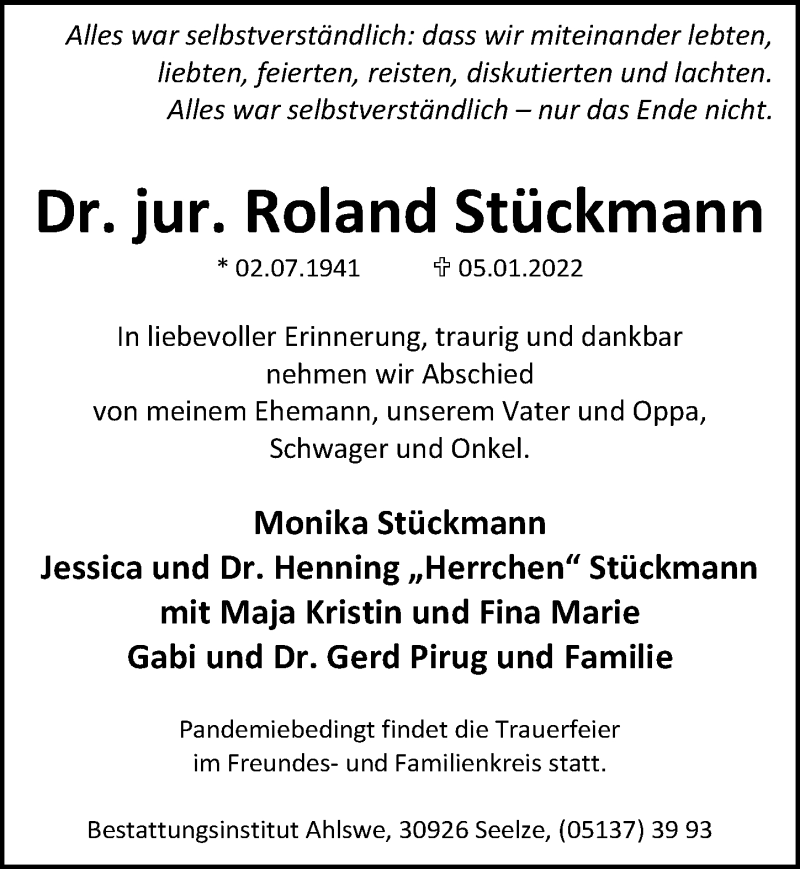  Traueranzeige für Roland Stückmann vom 15.01.2022 aus Hannoversche Allgemeine Zeitung/Neue Presse