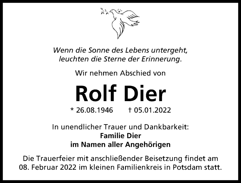  Traueranzeige für Rolf Dier vom 14.01.2022 aus Aller Zeitung