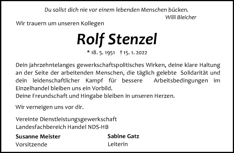  Traueranzeige für Rolf Stenzel vom 22.01.2022 aus Hannoversche Allgemeine Zeitung/Neue Presse