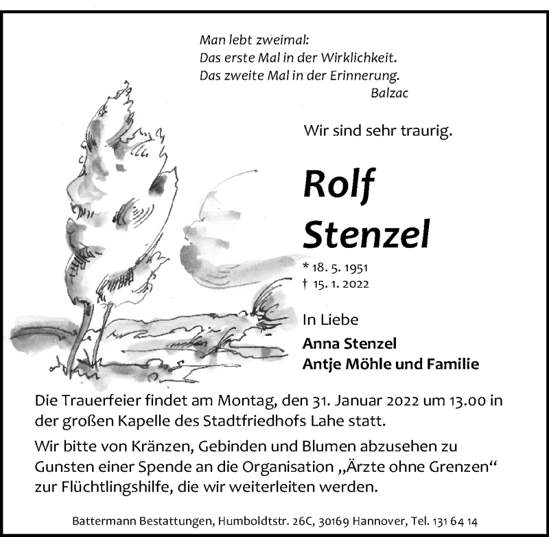  Traueranzeige für Rolf Stenzel vom 22.01.2022 aus Hannoversche Allgemeine Zeitung/Neue Presse