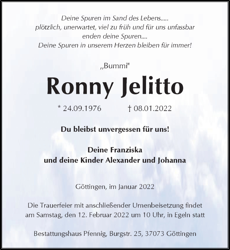  Traueranzeige für Ronny Jelitto vom 22.01.2022 aus Göttinger Tageblatt