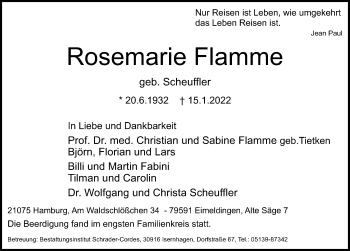 Traueranzeige von Rosemarie Flamme von Hannoversche Allgemeine Zeitung/Neue Presse