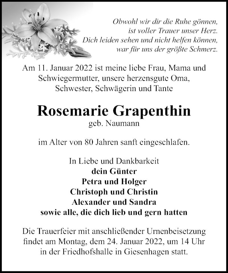  Traueranzeige für Rosemarie Grapenthin vom 15.01.2022 aus Märkischen Allgemeine Zeitung