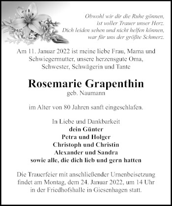 Traueranzeige von Rosemarie Grapenthin von Märkischen Allgemeine Zeitung