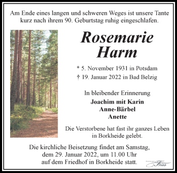 Traueranzeige von Rosemarie Harm von Märkischen Allgemeine Zeitung
