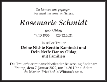 Traueranzeige von Rosemarie Schmidt von Märkischen Allgemeine Zeitung