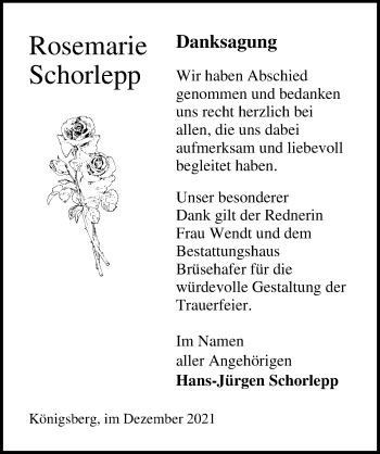 Traueranzeige von Rosemarie Schorlepp von Märkischen Allgemeine Zeitung