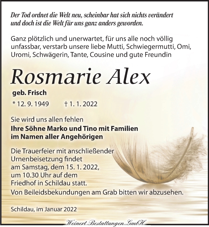  Traueranzeige für Rosmarie Alex vom 08.01.2022 aus Torgauer Zeitung