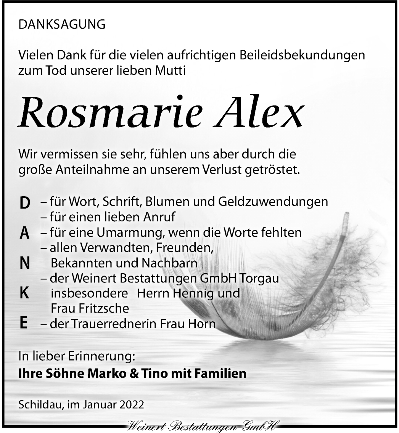  Traueranzeige für Rosmarie Alex vom 29.01.2022 aus Torgauer Zeitung