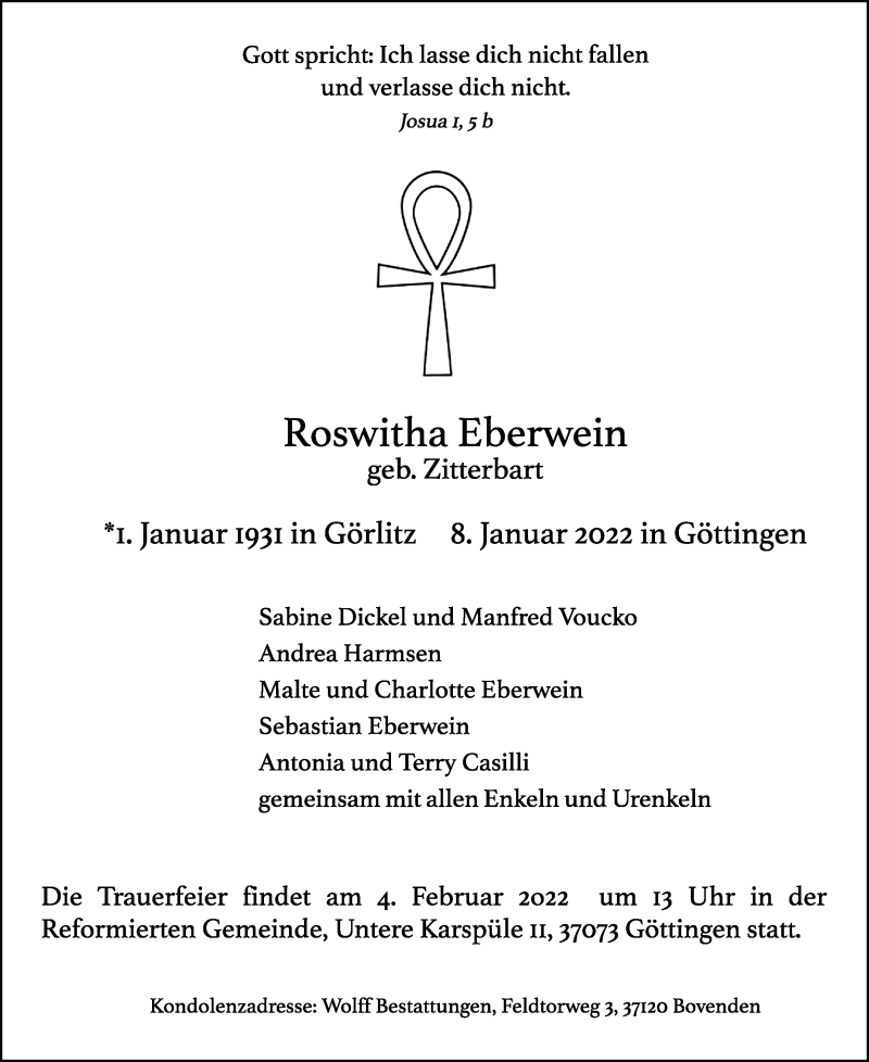  Traueranzeige für Roswitha Eberwein vom 15.01.2022 aus Göttinger Tageblatt