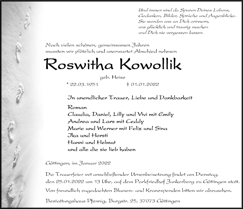  Traueranzeige für Roswitha Kowollik vom 15.01.2022 aus Göttinger Tageblatt