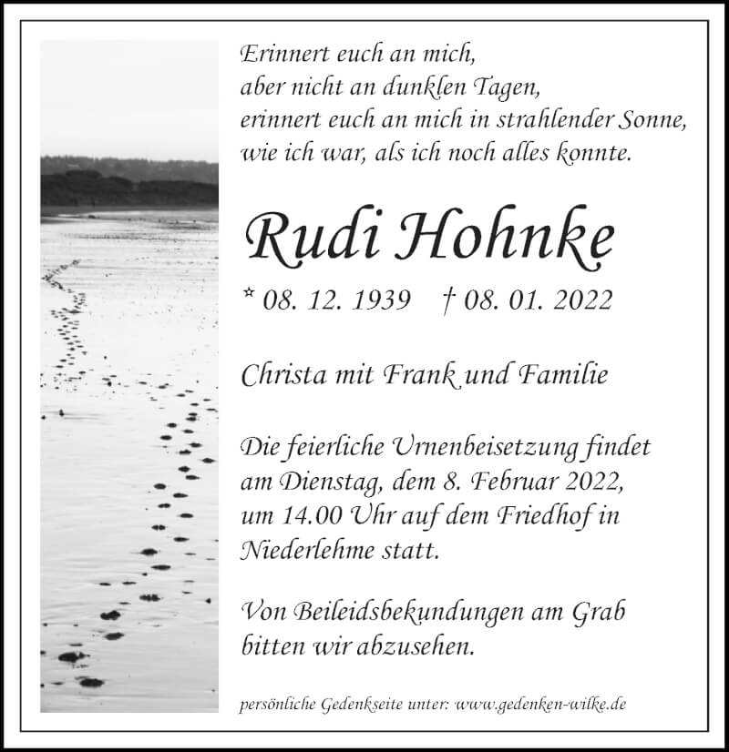  Traueranzeige für Rudi Hohnke vom 15.01.2022 aus Märkischen Allgemeine Zeitung