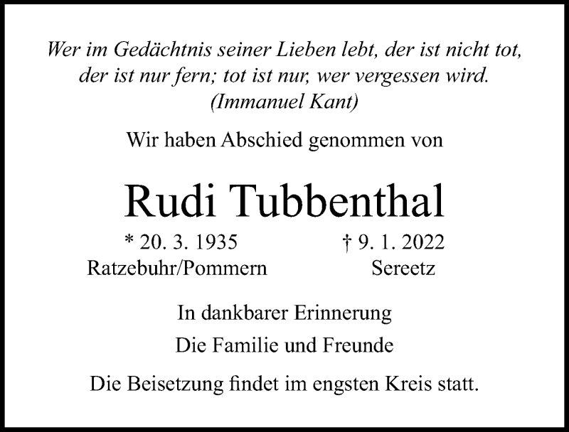  Traueranzeige für Rudi Tubbenthal vom 16.01.2022 aus Lübecker Nachrichten
