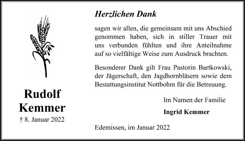  Traueranzeige für Rudolf Kemmer vom 29.01.2022 aus Peiner Allgemeine Zeitung