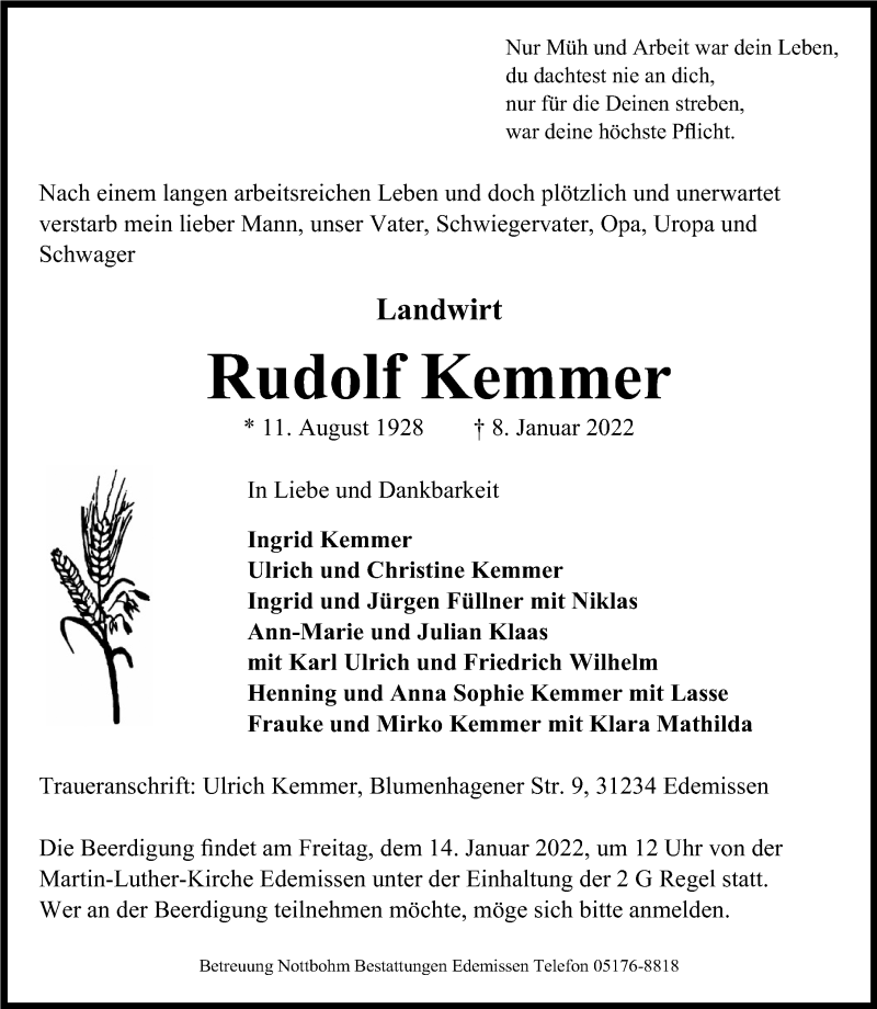  Traueranzeige für Rudolf Kemmer vom 11.01.2022 aus Peiner Allgemeine Zeitung