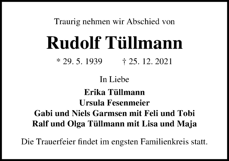  Traueranzeige für Rudolf Tüllmann vom 01.01.2022 aus Lübecker Nachrichten