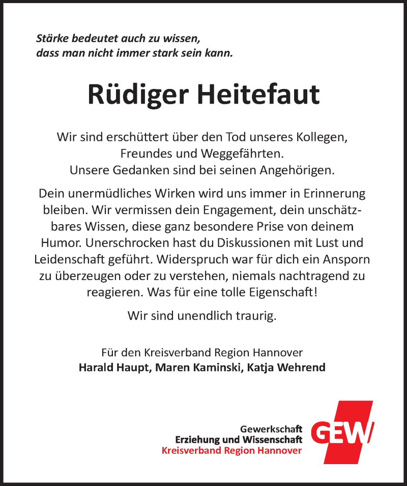  Traueranzeige für Rüdiger Heitefaut vom 29.01.2022 aus Hannoversche Allgemeine Zeitung/Neue Presse