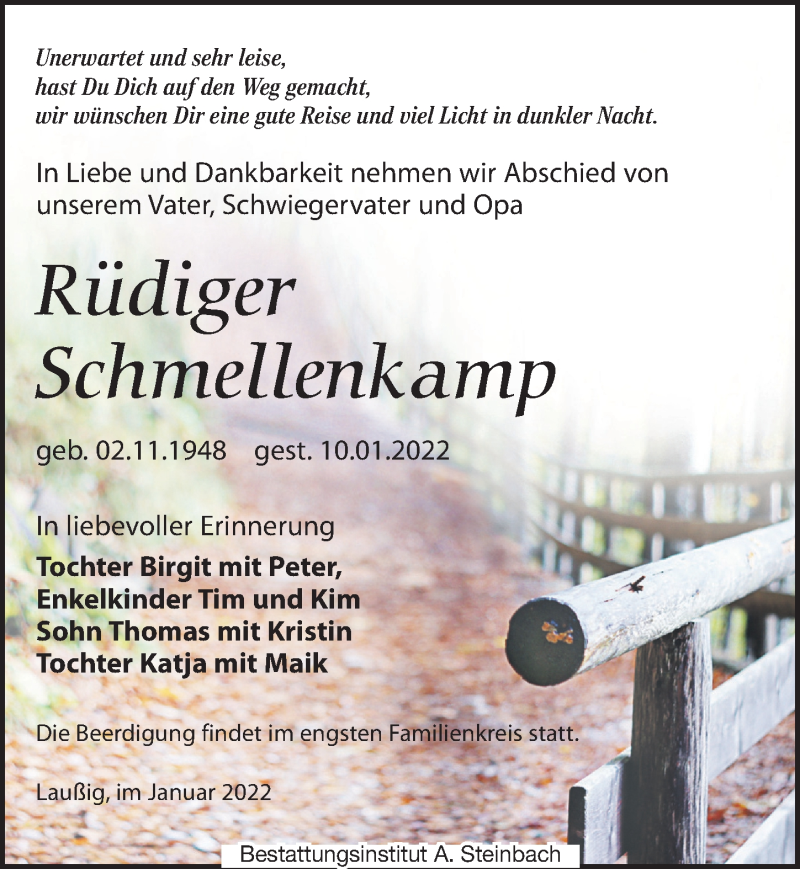  Traueranzeige für Rüdiger Schmellenkamp vom 15.01.2022 aus Leipziger Volkszeitung