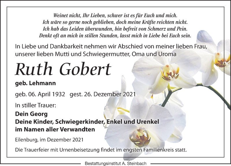  Traueranzeige für Ruth Gobert vom 15.01.2022 aus Leipziger Volkszeitung