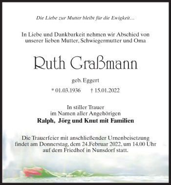Traueranzeige von Ruth Graßmann von Märkischen Allgemeine Zeitung