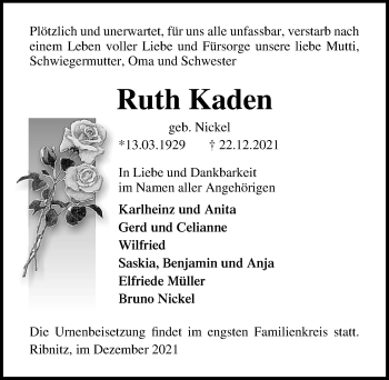 Traueranzeige von Ruth Kaden von Ostsee-Zeitung GmbH