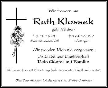 Traueranzeige von Ruth Klossek von Göttinger Tageblatt