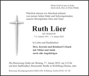 Traueranzeige von Ruth Lüer von Aller Zeitung