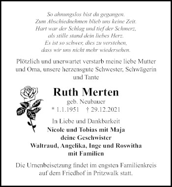 Traueranzeige von Ruth Merten von Märkischen Allgemeine Zeitung
