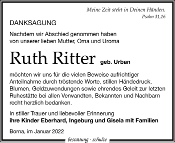 Traueranzeige von Ruth Ritter von Leipziger Volkszeitung