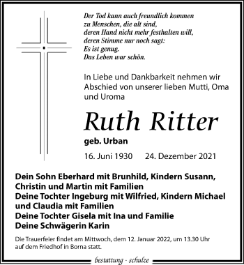 Traueranzeige von Ruth Ritter von Leipziger Volkszeitung