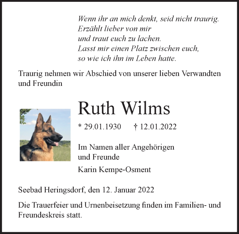 Traueranzeige für Ruth Wilms vom 15.01.2022 aus Ostsee-Zeitung GmbH