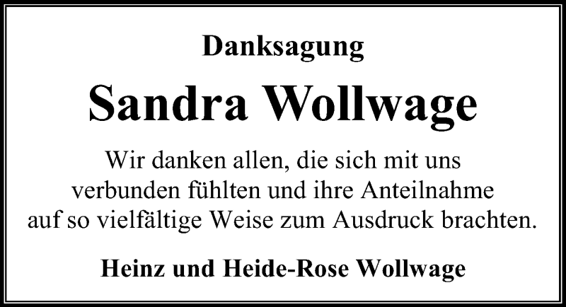  Traueranzeige für Sandra Wollwage vom 15.01.2022 aus Ostsee-Zeitung GmbH