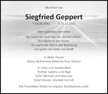 Traueranzeige von Siegfried Geppert