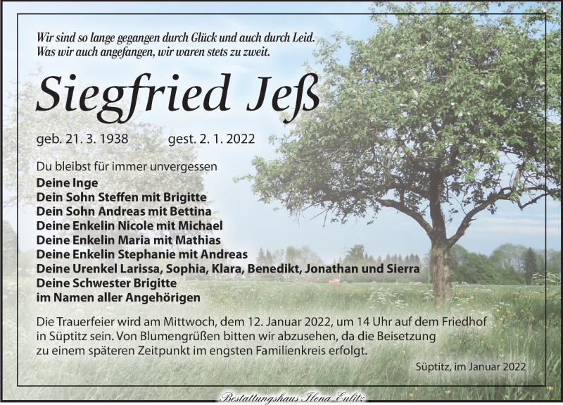  Traueranzeige für Siegfried Jeß vom 08.01.2022 aus Torgauer Zeitung