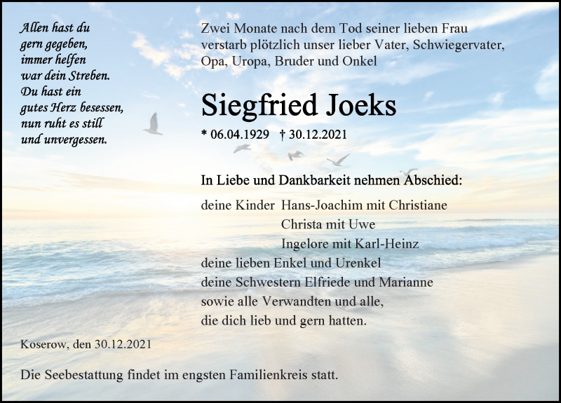  Traueranzeige für Siegfried Joeks vom 08.01.2022 aus Ostsee-Zeitung GmbH