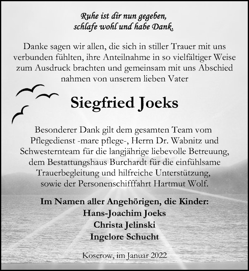  Traueranzeige für Siegfried Joeks vom 29.01.2022 aus Ostsee-Zeitung GmbH