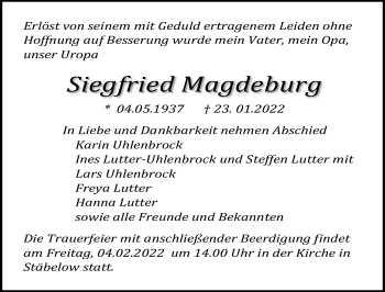Traueranzeige von Siegfried Magdeburg von Ostsee-Zeitung GmbH