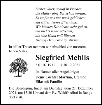 Traueranzeige von Siegfried Mehlis von Märkischen Allgemeine Zeitung
