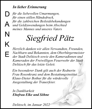 Traueranzeige von Siegfried Pätz von Leipziger Volkszeitung