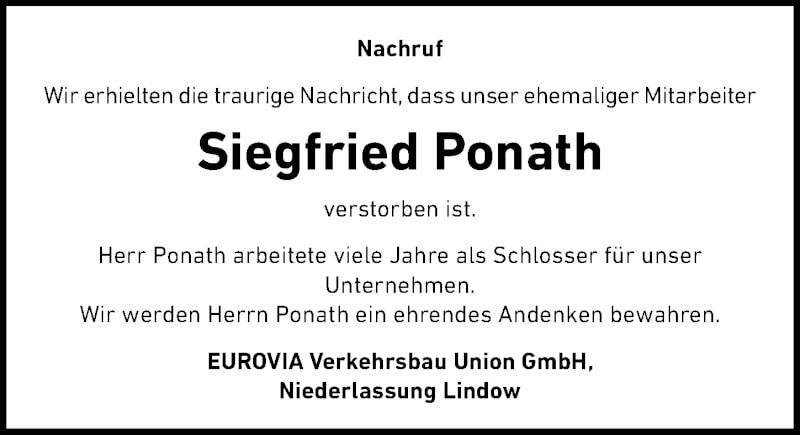  Traueranzeige für Siegfried Ponath vom 15.01.2022 aus Märkischen Allgemeine Zeitung