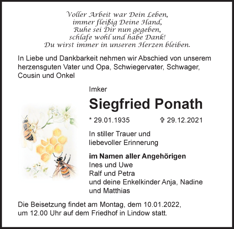  Traueranzeige für Siegfried Ponath vom 08.01.2022 aus Märkischen Allgemeine Zeitung