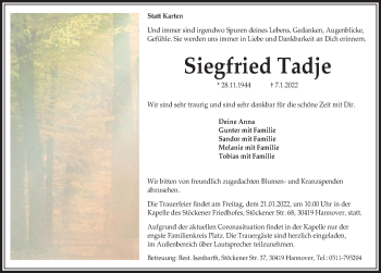Traueranzeige von Siegfried Tadje von Hannoversche Allgemeine Zeitung/Neue Presse