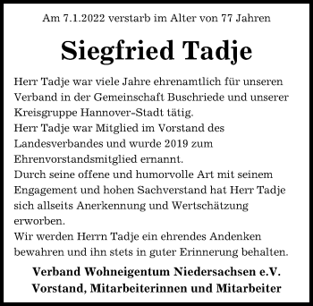 Traueranzeige von Siegfried Tadje von Hannoversche Allgemeine Zeitung/Neue Presse