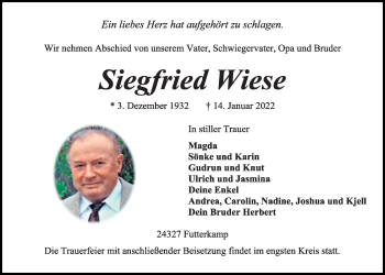 Traueranzeige von Siegfried Wiese von Kieler Nachrichten