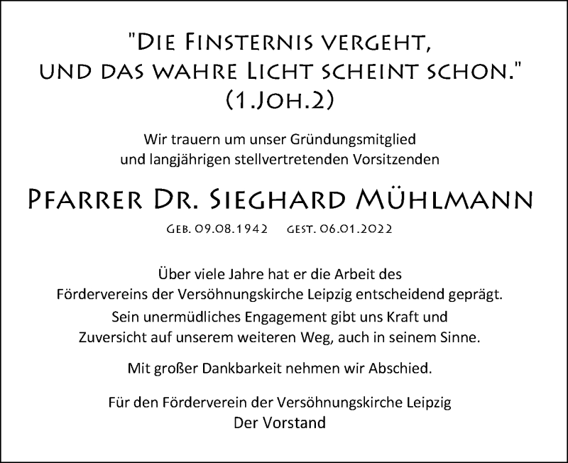  Traueranzeige für Sieghard Mühlmann vom 15.01.2022 aus Leipziger Volkszeitung