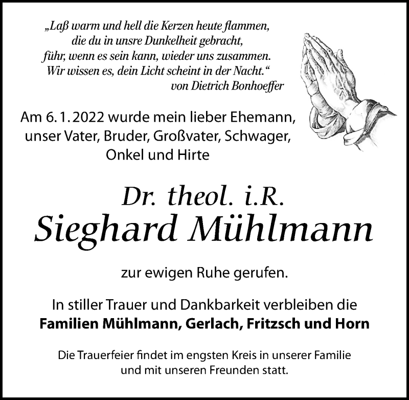  Traueranzeige für Sieghard Mühlmann vom 08.01.2022 aus Leipziger Volkszeitung