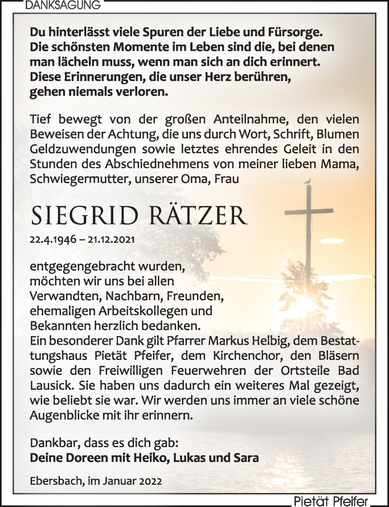  Traueranzeige für Siegrid Rätzer vom 15.01.2022 aus Leipziger Volkszeitung